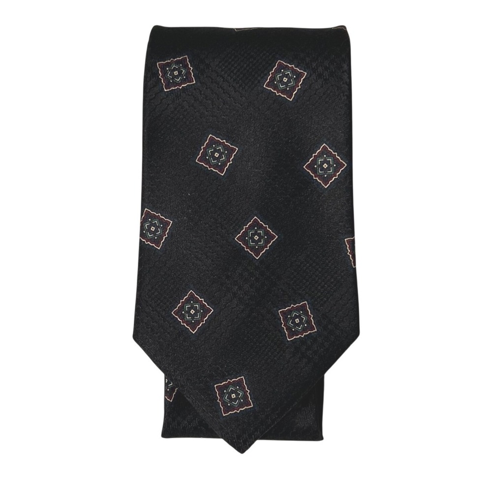 John Ashford Black Silk Necktie 3.75" Wide Geometric Pattern‎ Classic Mens Tie